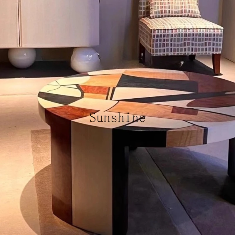 

Medieval solid wood painted round coffee table retro art pattern living room coffee table