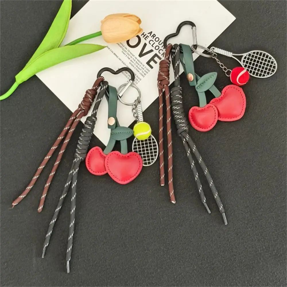 

Girl Heart Braided Rope Keychain Anti-Lost Handmade Cherry Shaped Bag Pendant Hand-Woven Ornament Tennis Racket Key Chain