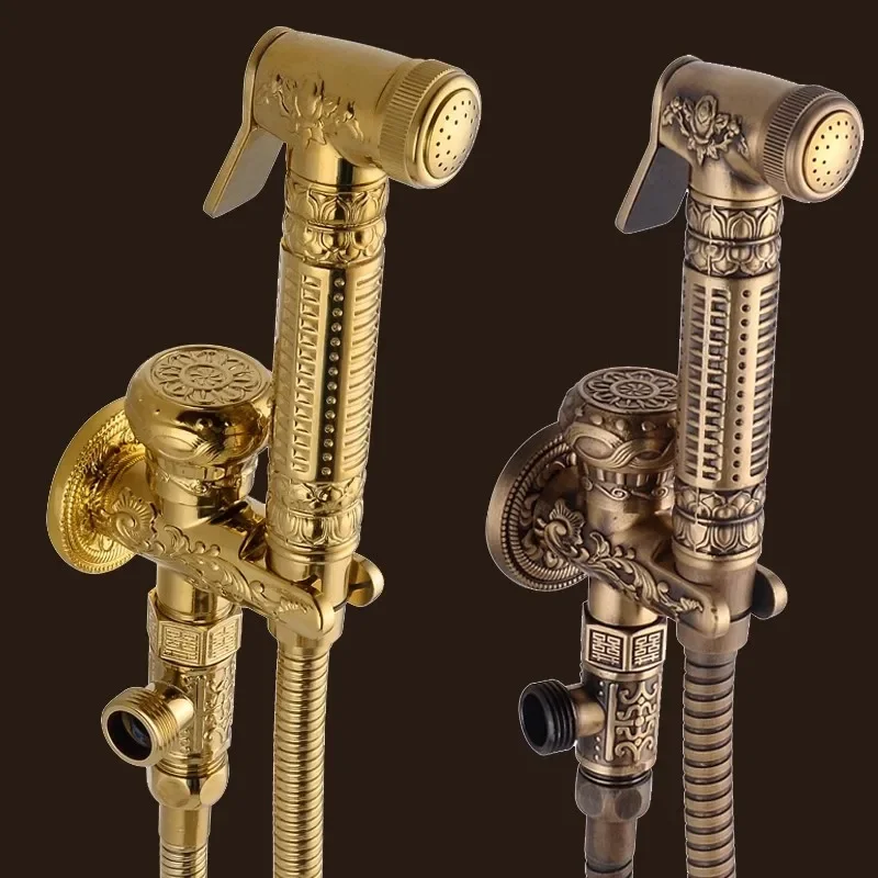 Antique Hand Held Bidet Sprayer Douche Toilet Kit Gold Brass Shattaf Shower Head Antique Copper Valve Set Jet Bidet Faucet Set