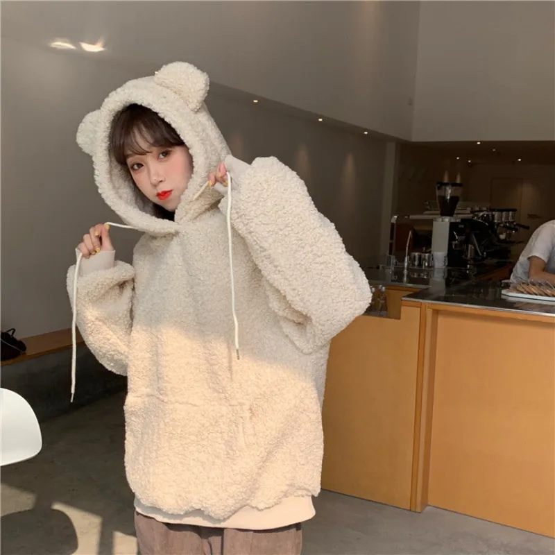 Kawaii Female Bunny Ear Hoodies Oversized Loose Zip Up Sweatshirt Women Long Sleeve Sweet Rabbit Hooded Winter Warm Sweatsuit