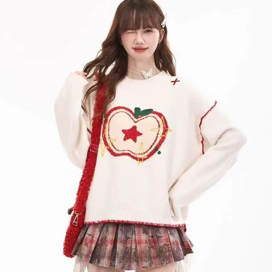 Wysokiej jakości haftowana koreańska bluza w kolorze słodkiego jabłkowego zielonego, z okrągłym dekoltem, luźna, gruba, ciepła na zimę, dzianina, styl lolita dla dziewcząt i studentek.