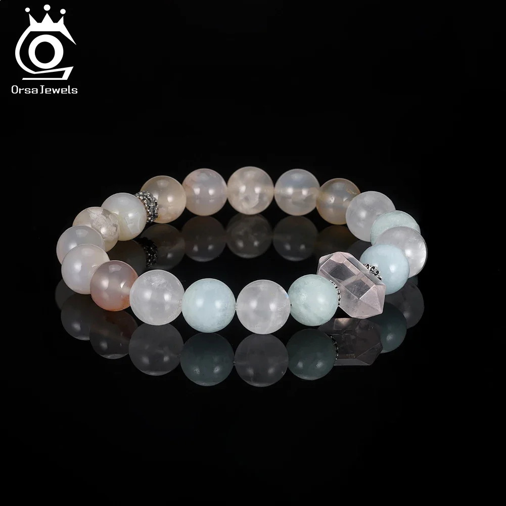 

ORSA JEWELS S925 Natural Rose Quartz & Aquamarine Bracelet for Women Elastic Handmade Gemstone Reiki Spiritual Jewelry GMB95