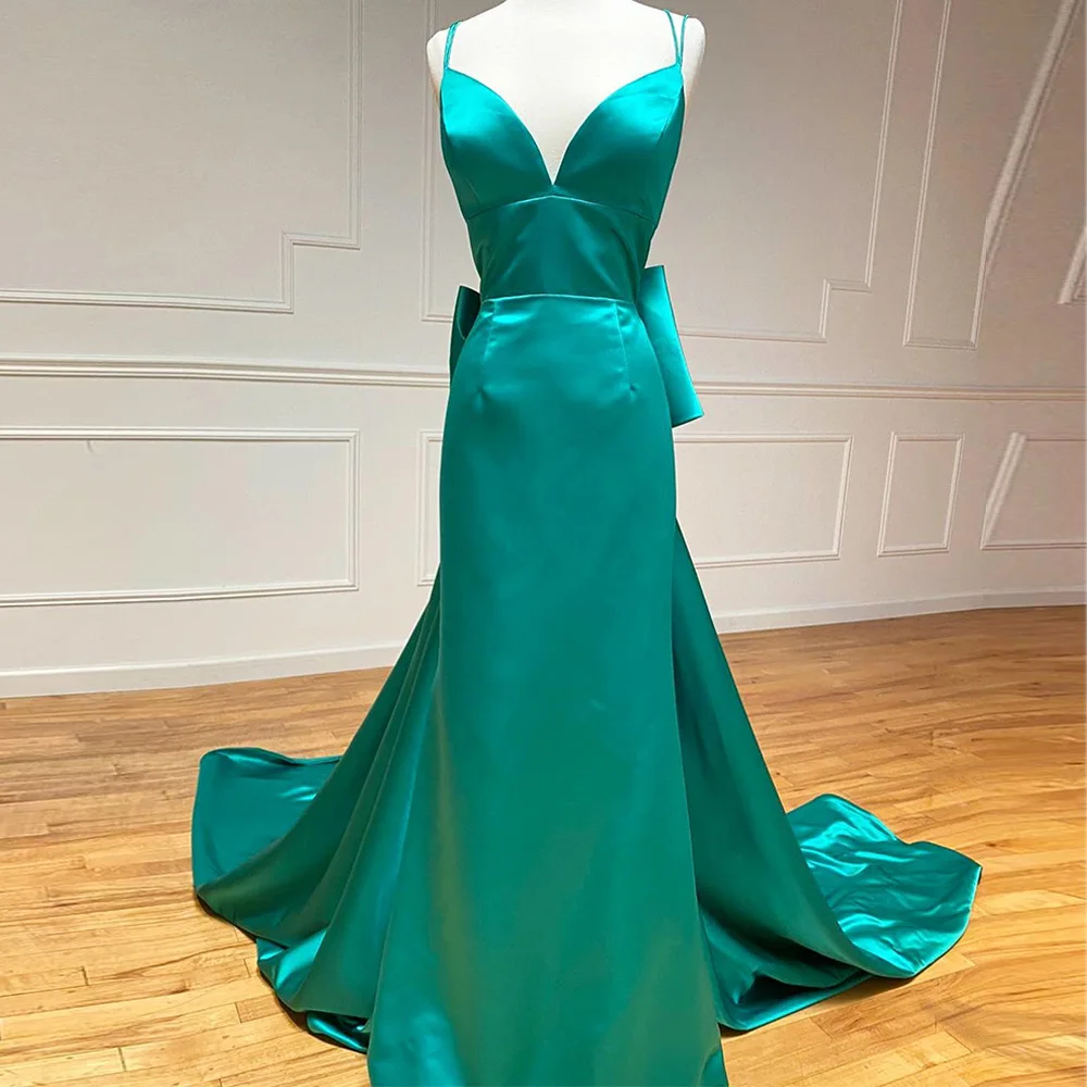 Zipper Back Bow Panel Train Sleeveless Satin Spaghetti Straps Sweetheart Floor Length Mermaid Exquisite and Sexy  Evening Dress