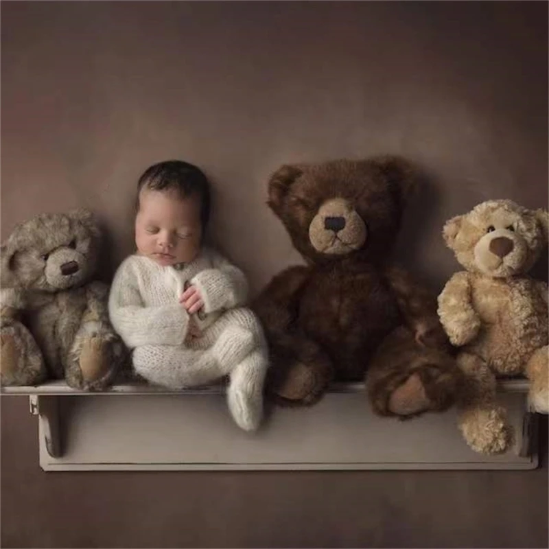 Lovely Newborn Photography Props Boys Girls Outfits Mohair Bear Hat Bonnet & Footed Romper Bodysuit Photoshoot Costume