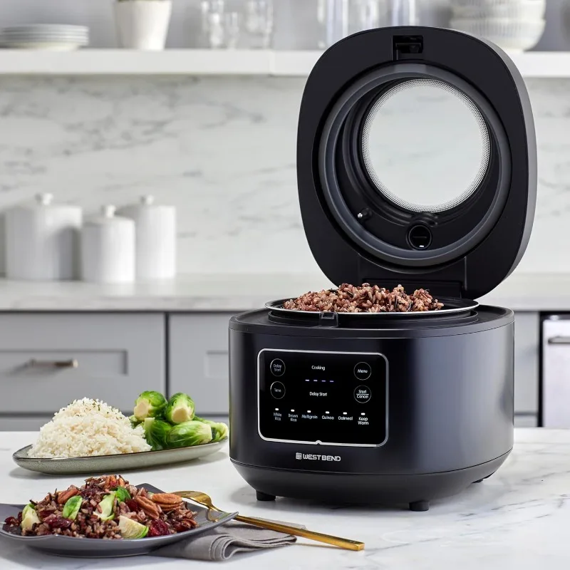 Programmable rice and cereal cooker with 7 preset functions, delay start and keep warm, easy-view window and steam basket