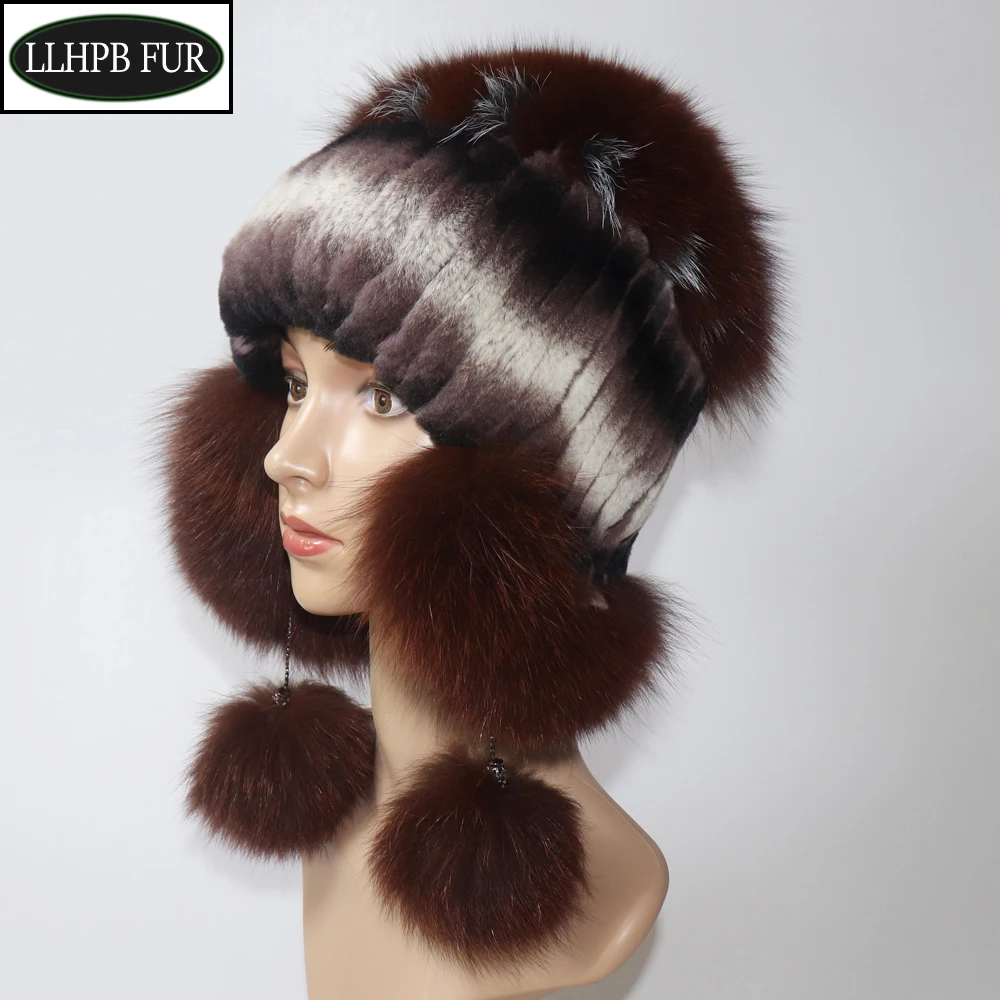 

Elastic Knitted Rex Rabbit Fur Beanies Handmade Real Fur Hat with Fox Fur Ears Genuine Fur Snow Cap Bonnets for Women Designer