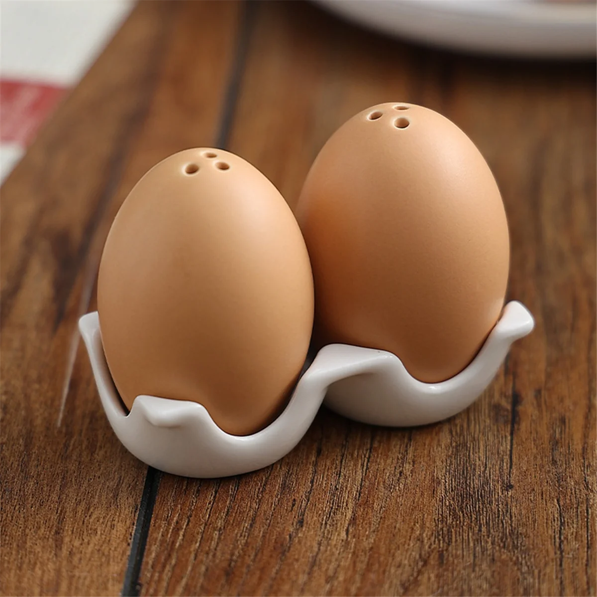 Ceramic Salt and Pepper Shaker Set, Mini Brown Egg Shaped Shakers with Carton Design Holding Stand