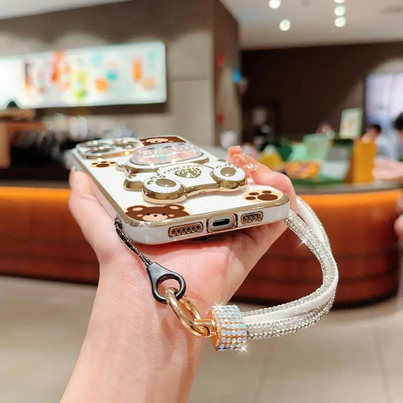 Diamond Wrist Strap Lanyard Cute Bear Phone Holder Case For iPhone 16 15 14 13 12 11 Xs Pro Max Mini X XR Plus Stand Back Cover