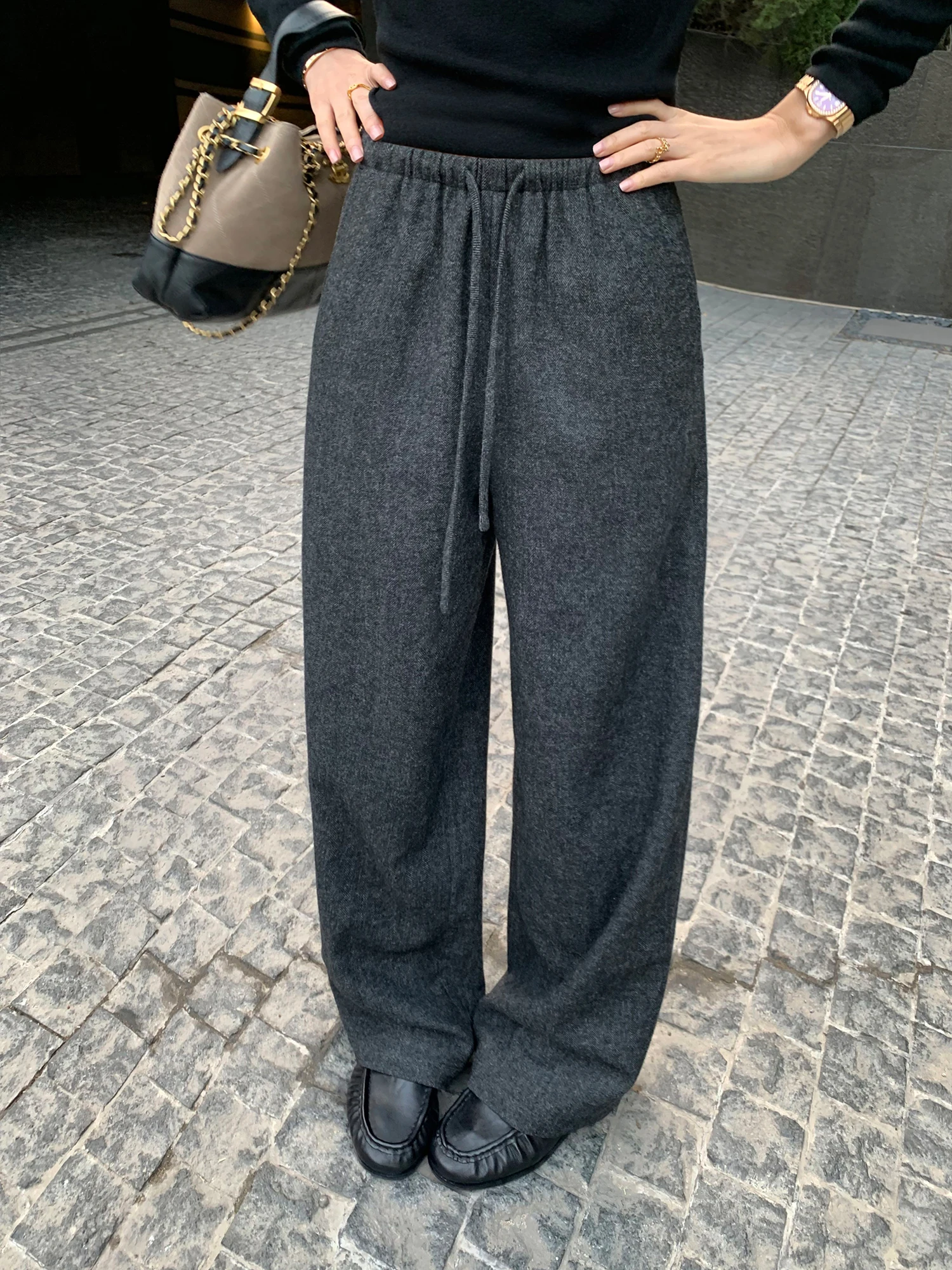 

Pusumede Wool Blend Casual Pants Wide Leg Loose Fit Women's Soft Drapey Straight Leg Trousers Commute Lazy Pants