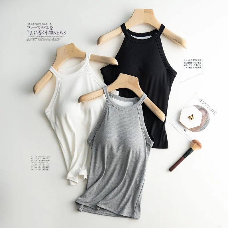 Basic Solid T shirts Women Slim Halter Neck Off-shoulder Camisole Tops Tees Summer Female Tanks Sleeveless With Chest Pad