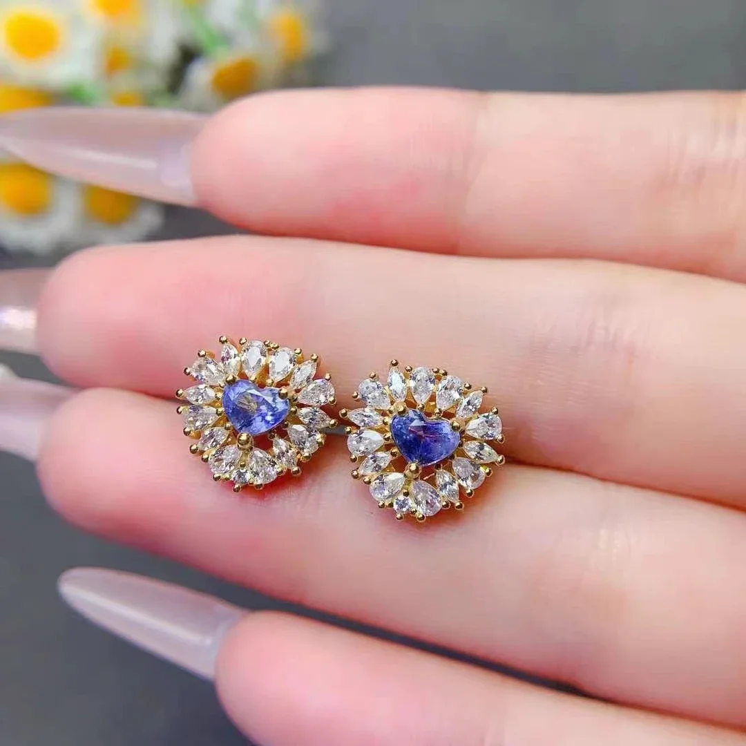 Sparking 925 Silver Tanzanite Stud Earrings for Wedding 5mm Heart Shape Natural Tanzanite Earrings with Gold Plating