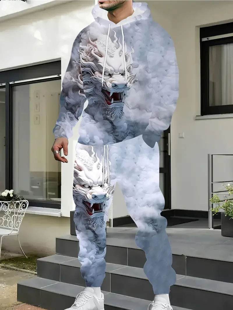 الخريف كول التنين ثلاثية الأبعاد مطبوعة هوديي البدلة الرجال بلوزات Sweatpants موضة عادية قطعتين طقم رياضي الركض رياضية #3