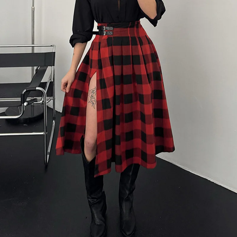 

Plaid Print High Waist Side Slit Mid-length Skirt Casual Double Buckle A Line Pleated Skirt