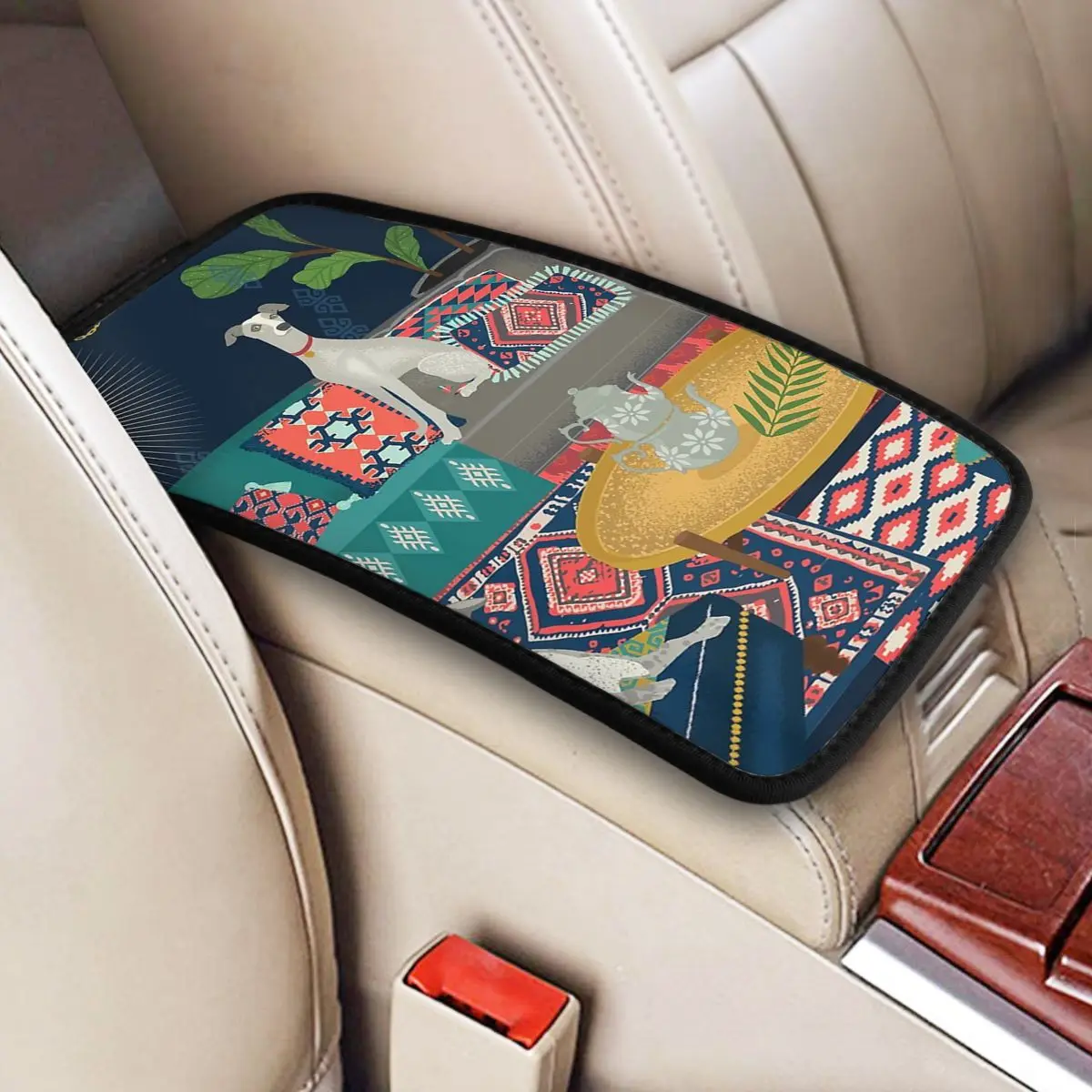 Bohemian Whippets Car Armrest Cover Mat Dog Ikat Ethnic Vintage Tribal Decor Center Console Cushion Pad Car Interior Accessories