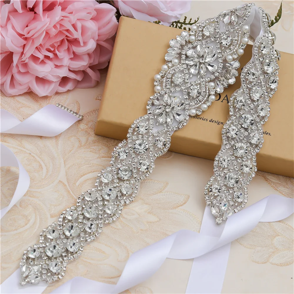 

Luxurious Wedding Bridal Belt Rhinestones Pearls Appliques Bride Dress Decorative Sash Stones Jewelry Accessories With Ribbon