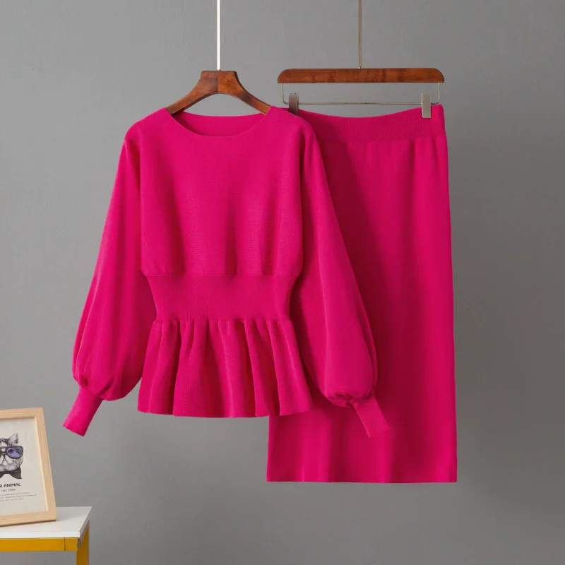 Primavera outono elegante malha 2 peça define feminino o pescoço sólido fino camisola pulôver topos conjuntos elástico saias de cintura alta outfit