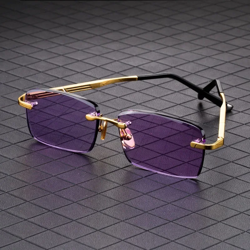 

Atural Crystal Stone Sunglasses Men Rimless Glass Purple Lens Sun Glasses Women Luxury Vintage Anti Scratch Shade Eyewearluxury