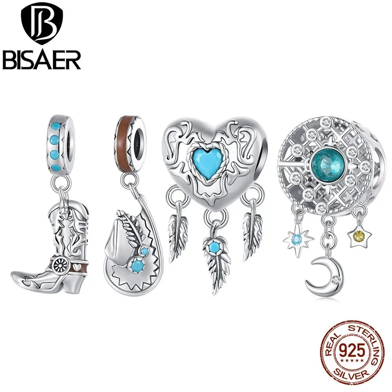 BISAER 100% 925 Sterling Vintage Western Cowboy Charm Bead Dream Catcher Pendant Fit Women DIY Bracelet Fine Jewelry ECC2567