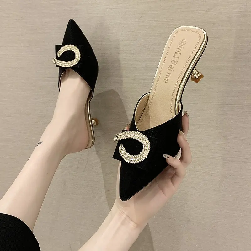 2024 New Women Slippers Mules Pointed Toe Rubber Metal Chains Outsole Slides Footwear Fashion Casual Lady High Heels Zapatillas