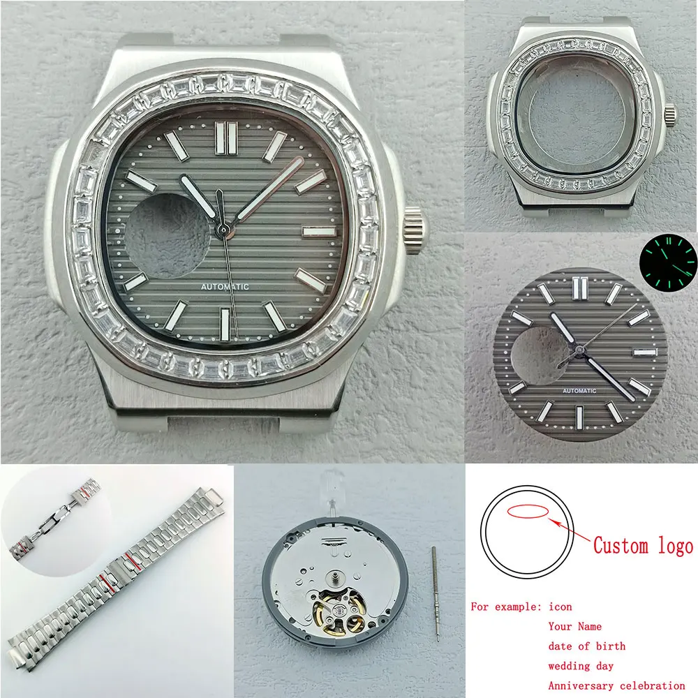 43mm NH38 Silver watch case suitable for NH38 movement mounted 316L stainless steel 10bar waterproof sapphire glass