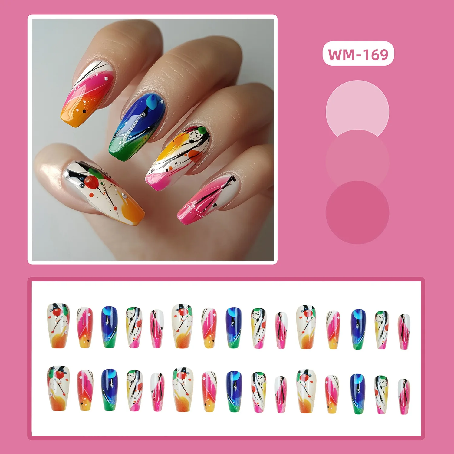 24PCS Multicolor Gradient Fake Nail with Abstract Splatter Dot Rhinestone Press on Nails Bold Artistic Nail Art for Women Design