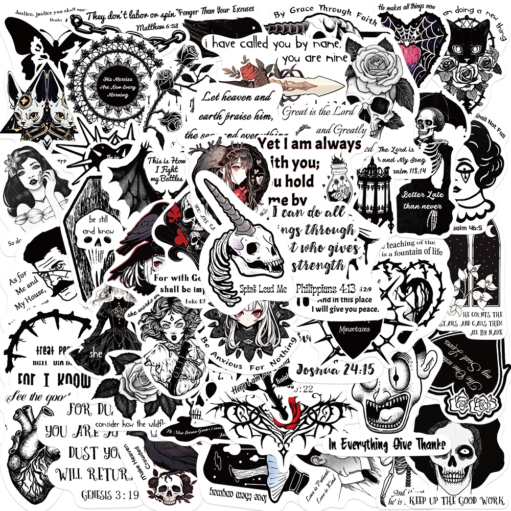 50pcs Black and White Gothic Bible Stickers for Envelope Computer Diary Suitecase Guitar  Scarpbook Waterproof DIY Decal