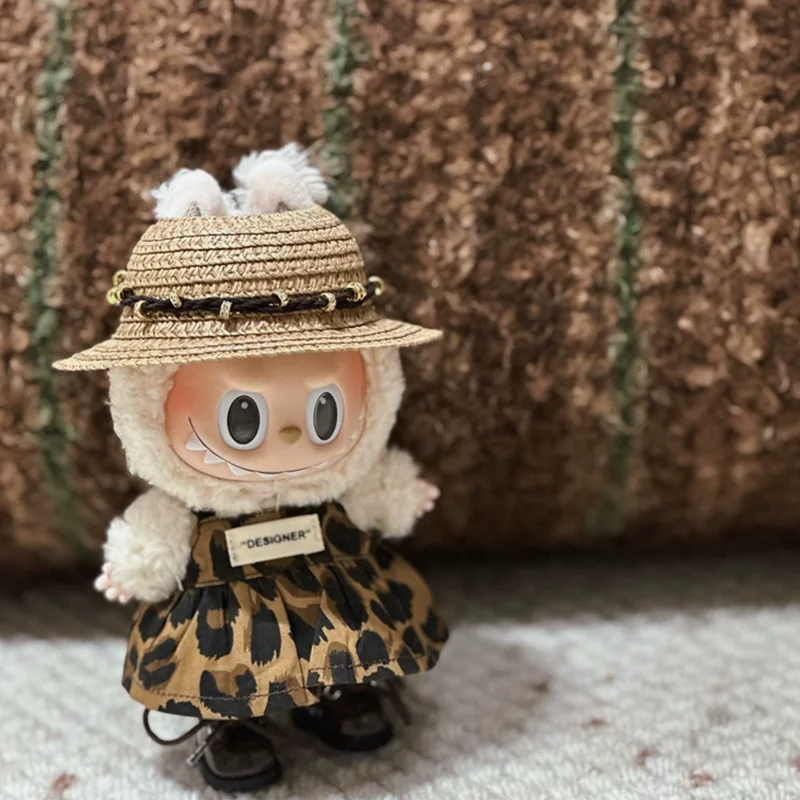 

For Labubu/Cloths，Suitable For 17cm Doll Doll Dress 3.0 Front High-Energy Leopard Print Skirt Straw Hat Clothing Accessories