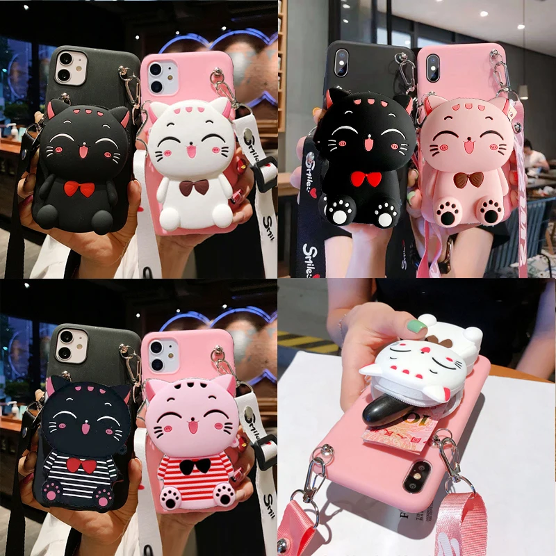 Cartoon 3D Lovley Cat Wallet Case For Motorola Moto G9 Play G8 G7 Plus G6 G10 G20 G30 G40 G50 G60 Cute Animals Bags With Lanyard