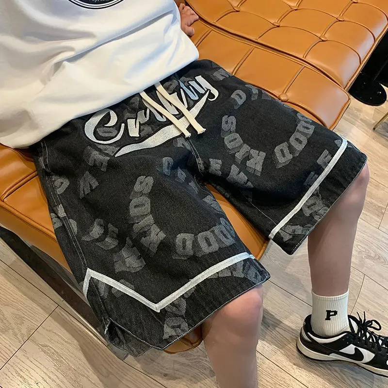 American High Street Letter Print Denim Shorts Men's Trend Thin Loose Quarter Pants Fashion Brand Over Knee Straight Mid Pants