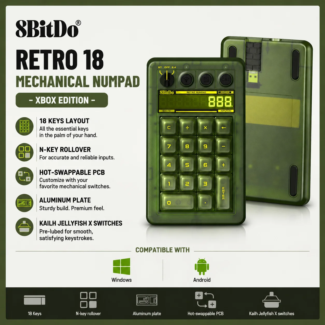 Clavier numérique mécanique rétro 8BitDo à 18 touches, prend en charge le clavier numérique PC et le mode calculatrice standard pour Windows et Android - Édition Jade