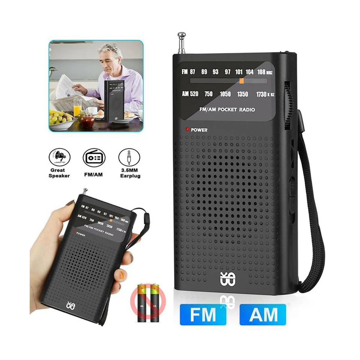 เครื่องรับวิทยุขนาดเล็กพกพา AM/FM ทุกวงสเตอริโอรับอากาศกระเป๋าสำหรับชายชราเดินปีนเขาตั้งแคมป์