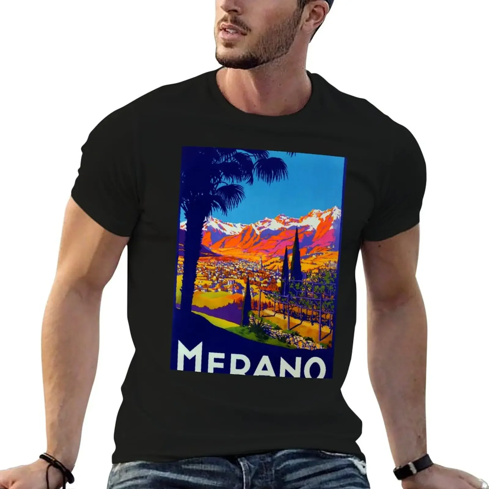 

Merano vintage travel poster T-Shirt anime clothes tops man clothes valentines boutique clothes Short sleeve tee men