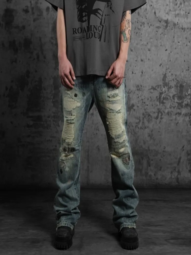 High Street American-Style Distressed Dirty Washed Ripped Embroidered Jeans Men's Trousers