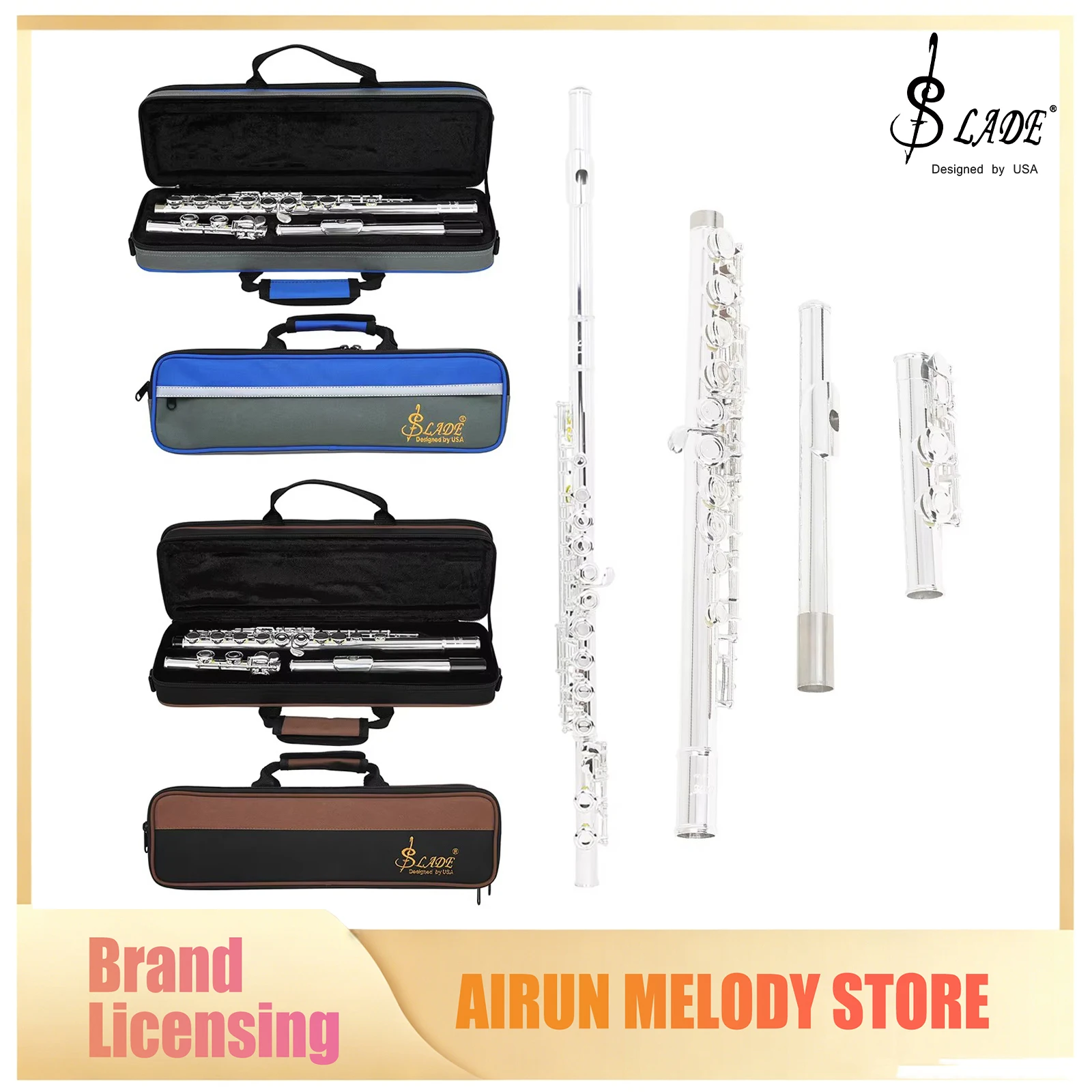 SLADE 16 Holes Flute C Key White Copper Silver Plated Curved Flute Woodwind Instrument with Cleaning Tools for Flute Performance