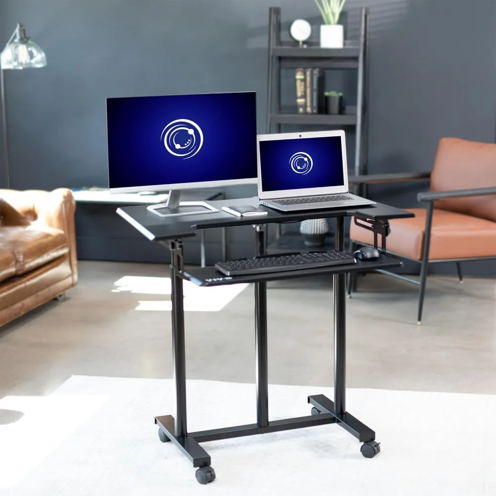 

Mobile Height Adjustable Table, Stand Up Desk Cart with Sliding Keyboard Tray, Computer Workstation, Rolling Presentation Cart