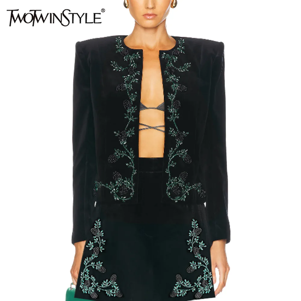 

TWOTWINSTYLE Solid Slimming Two Piece Set for Women Round Neck Long Sleeves Spliced Diamonds Top High Waist Mini Skirt Female