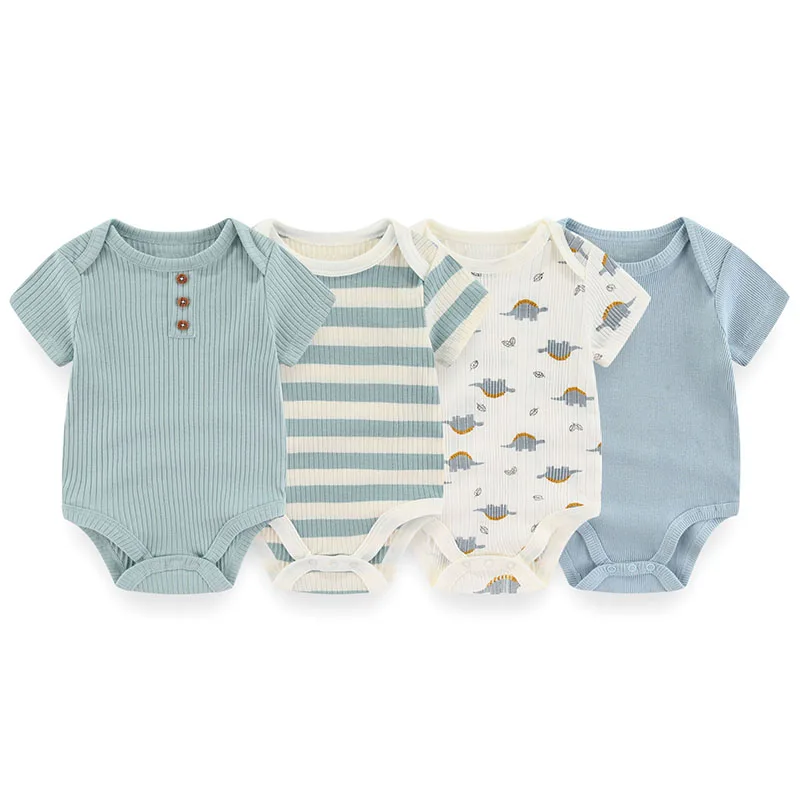 4-Piece Solid Color Baby Boy Girls Bodysuits Summer Season Infant Clothes Short Sleeves Newborn Onesies