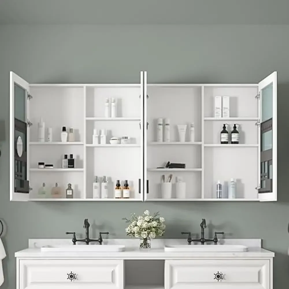 Bathroom Medicine Cabinet Mirror with Hidden Storage 72x36 Wall Mounted HD Mirror Organizer Makeup Brushes Lipsticks