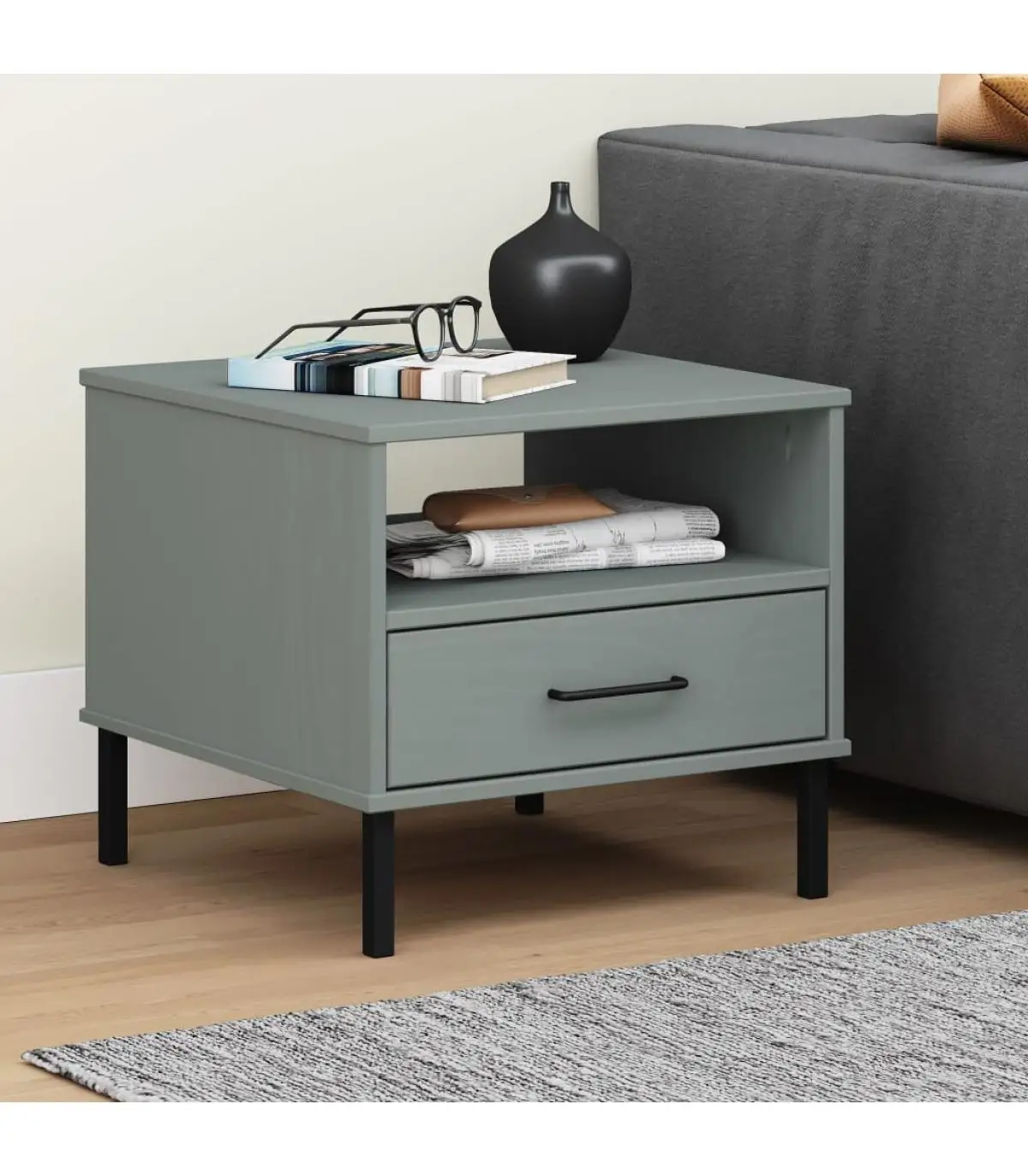 Side tables with legs metal OSLO solid wood pine gray bedside table