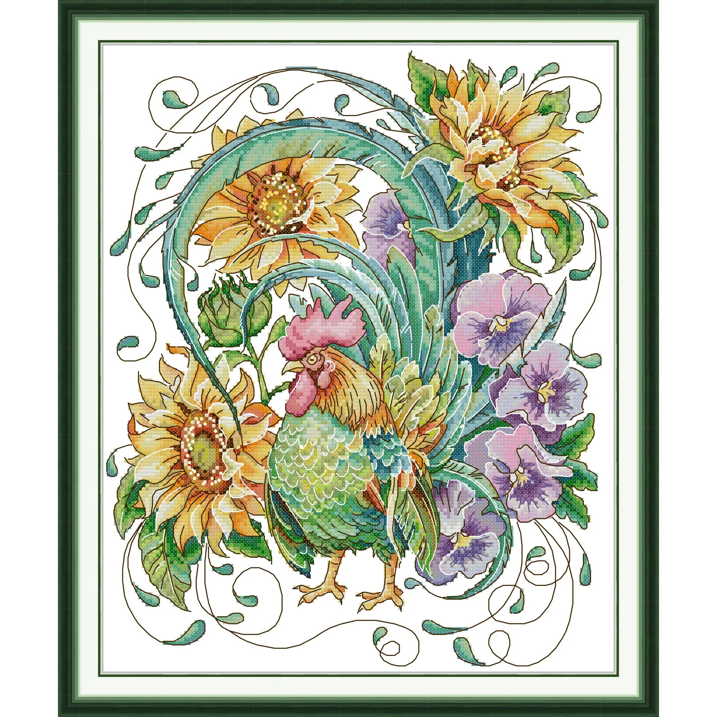 

Soulgift News Pre-Printed Cross Stitch Kit, Stamped Aida Fabric with DMC Threads, Embroidery Kit - Rooster in Sunflowers