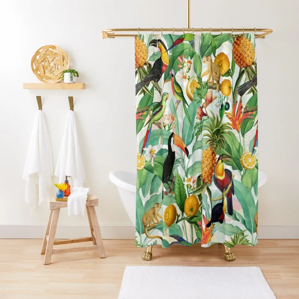 

Vintage Toucan Tropical White Botanical Garden Shower Curtain Anime Bathroom Toilet Accessories Bathroom Curtain