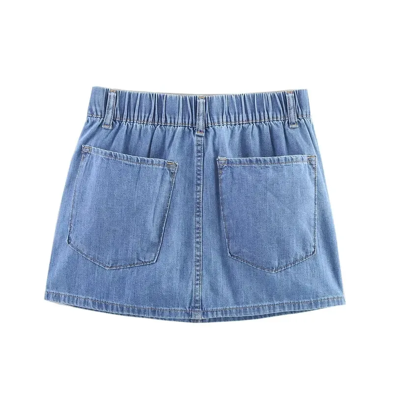 

Women's Slim Fit Denim Mini Skirt with Lace-Up Decoration Retro Elastic Waist And Side Pockets Fashionable And Versatile