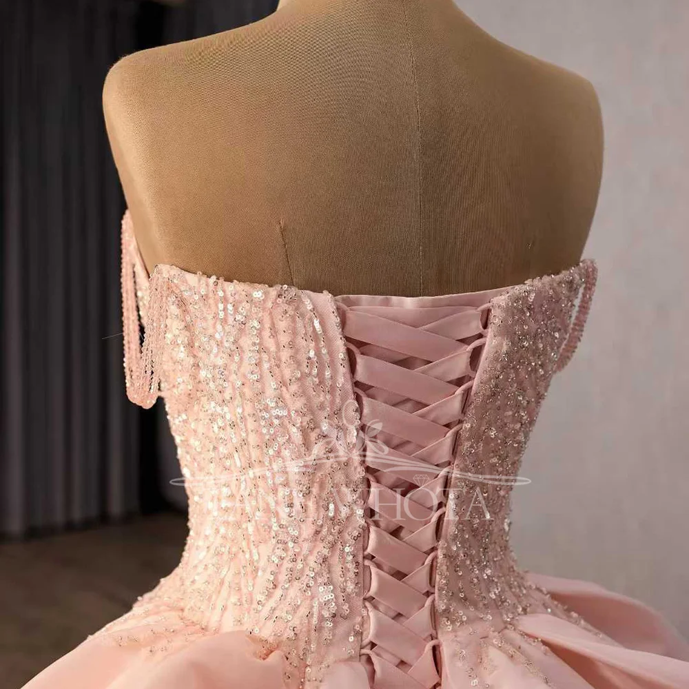 2026 فستان سهرة نسائي وردي قابل للتخصيص بدون حمالات عاري الكتفين برباط من الخلف فستان فاخر مطرز بالترتر #6