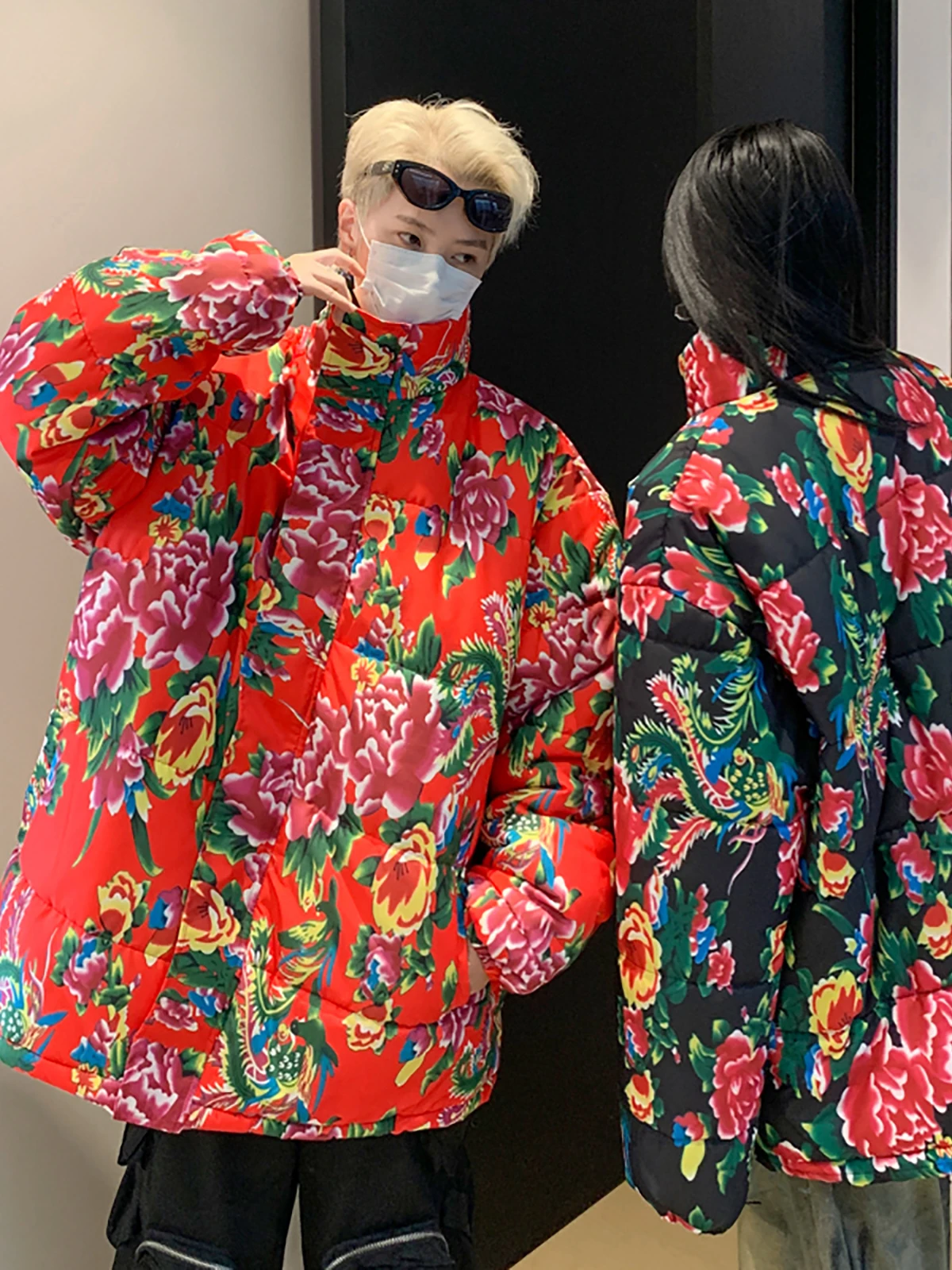 

ex осень-зима, хлопковая куртка, теплая красная куртка с цветочным принтом для пары, одинаковая длинная застежка-молния, повседневная верхняя одежда, пальто