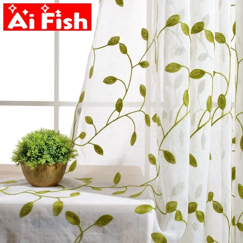 

Rustic Green Leaves Embroidered Curtains Sheer Tulle Blue with White Leaves Blackout Curtains For Living Room Drapes WP072#4