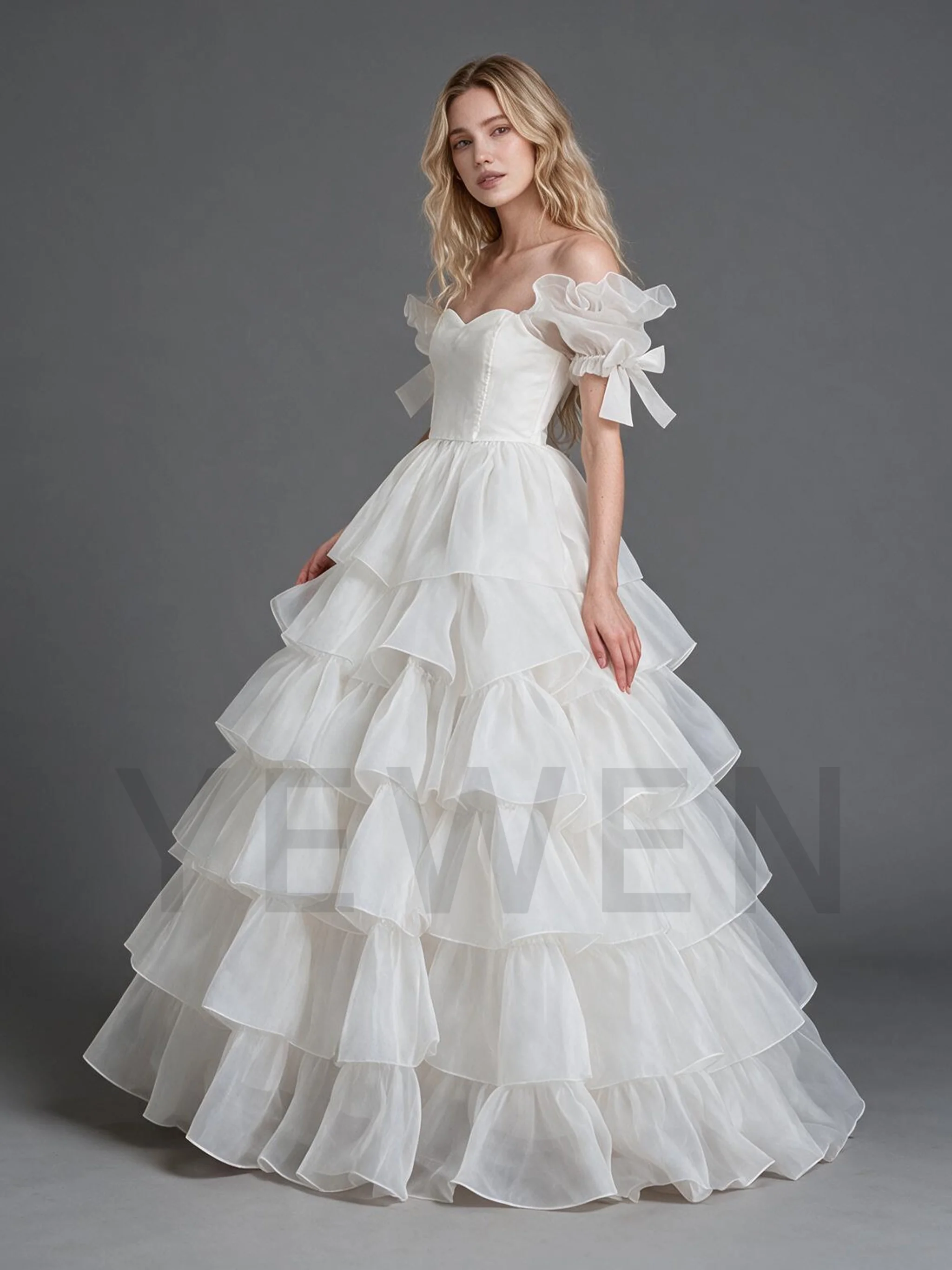 Elegant Ivory Organza Wedding Dress Off Shoulder Corset Bridal Gown Layered Ruffle Prom Dress Princess Ball Gown YW2610135