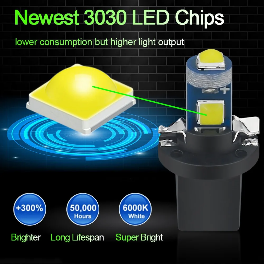 10pcs White Car T5 PC74 B8.5 B8.5D 3 SMD 3030 Car LED Speedo Instrument Dash Wedge Side Light Bulb Lamp 12V Ice Blue Red Green