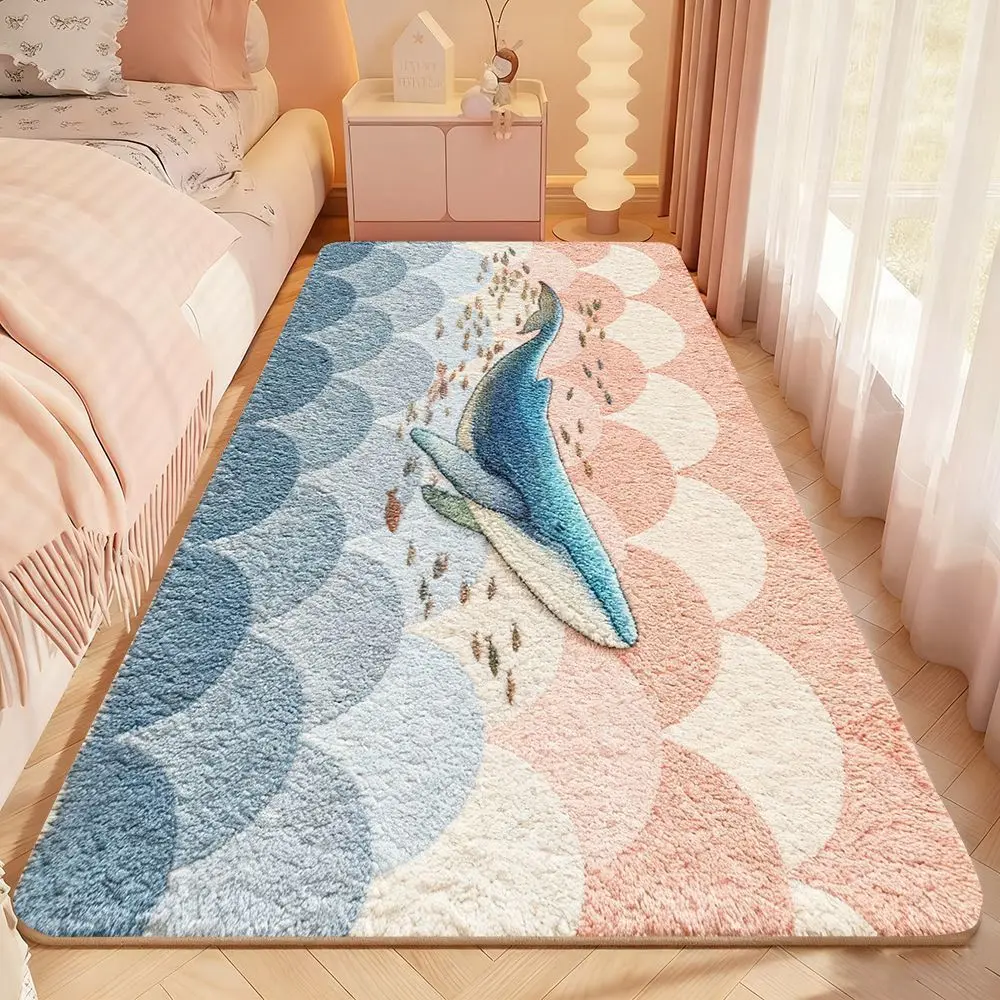 VIKAMA Whale Pattern Runner Rug for Bedroom, Soft Flannel Plush Bedside Floor Mat, Anti Slip Non Fatigue Doormat, Home Decor