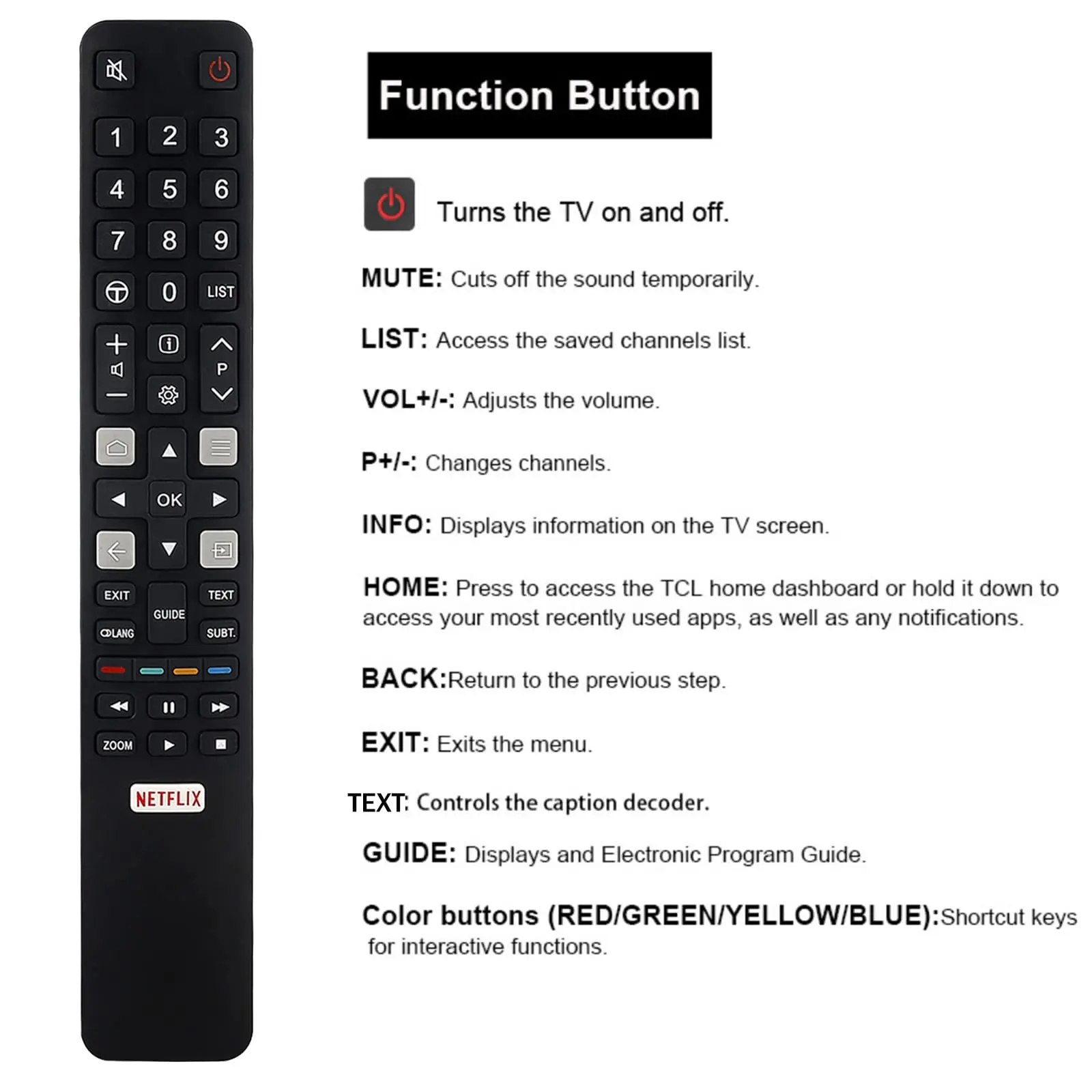 Replaced TCL Remote RC802N YUI1 for Netflix TCL TV 75C2US 65C2US 55C2US 50E18US 55E18US 43P20US 49C2US 32S6000S 4