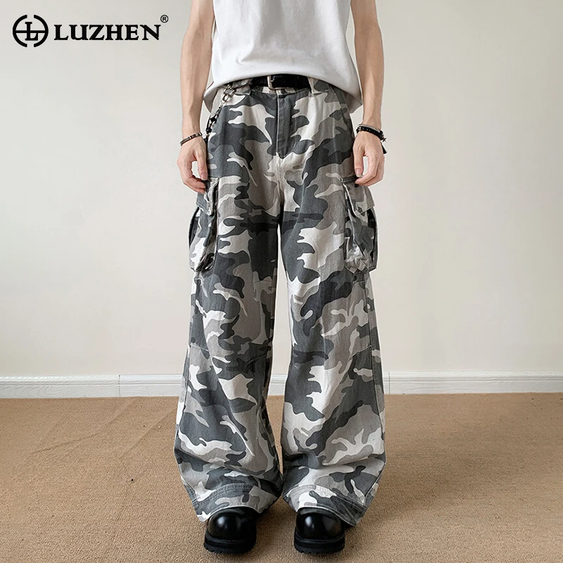 

LUZHEN 2025 New Fashion Pockets Decorate Wide Leg Cargo Trousers Men's Straight Wide Leg Camouflage Printed Casual Pants JY3101